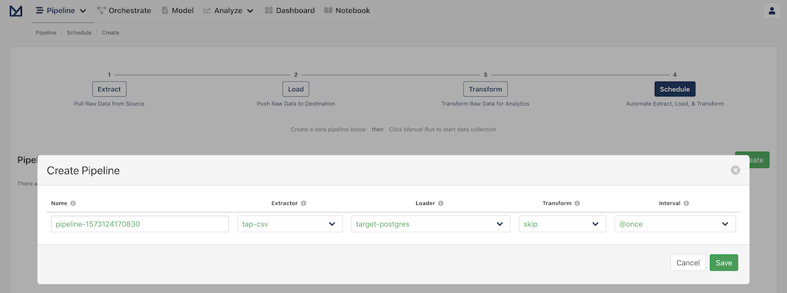 Create pipeline modal for the CSV Extractor