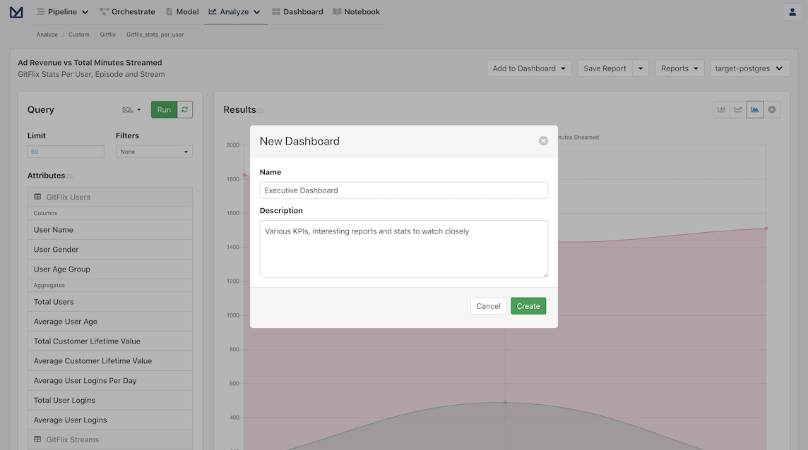 New dashboard dialog for configuring the dashboard