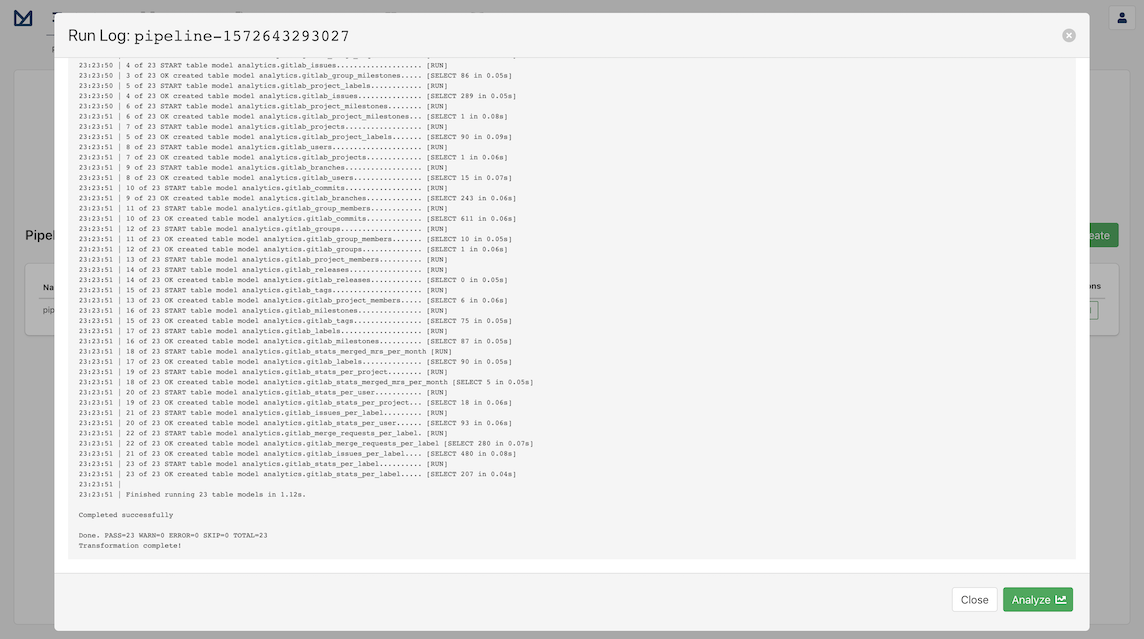 Screenshot of run log of a completed pipeline for GitLab Extractor