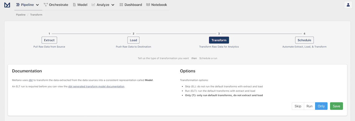 Screenshot of Transform page on Meltano webapp